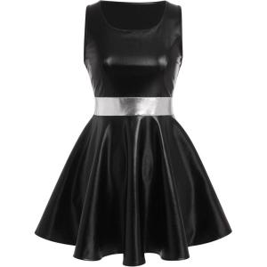 imageIDOPIP Womens Shiny Metallic Dress Sexy Sleeveless Skater Mini Dress Holographic Party Rave Dance Clubwear Halloween CostumeBlack