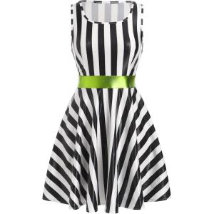 imageIDOPIP Womens Shiny Metallic Dress Sexy Sleeveless Skater Mini Dress Holographic Party Rave Dance Clubwear Halloween CostumeBlack White Striped
