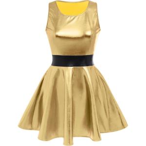 imageIDOPIP Womens Shiny Metallic Dress Sexy Sleeveless Skater Mini Dress Holographic Party Rave Dance Clubwear Halloween CostumeGold