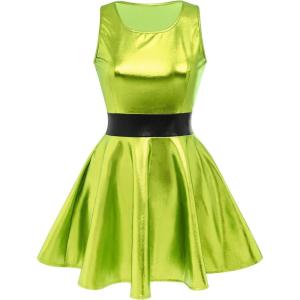 imageIDOPIP Womens Shiny Metallic Dress Sexy Sleeveless Skater Mini Dress Holographic Party Rave Dance Clubwear Halloween CostumeGreen