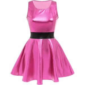 imageIDOPIP Womens Shiny Metallic Dress Sexy Sleeveless Skater Mini Dress Holographic Party Rave Dance Clubwear Halloween CostumeHot Pink