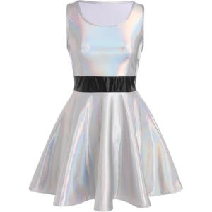 imageIDOPIP Womens Shiny Metallic Dress Sexy Sleeveless Skater Mini Dress Holographic Party Rave Dance Clubwear Halloween CostumeSilver