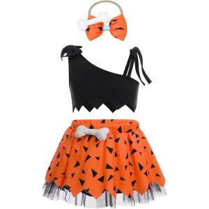 imageIDOPIP Kids Baby Halloween Costume Caveman Cavegirl Stone Age Outfit for Girl Boy Halloween Cosplay Dress Up Photoshoot 6M6TOrange  Black 3pcs