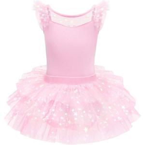 imageIDOPIP Girls Glitter Star Tutu Skirted Leotard Sequin Ruffle Sleeve Ballet Dance Dress Ballerina Dancewear Gymnastics CostumePink