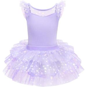 imageIDOPIP Girls Glitter Star Tutu Skirted Leotard Sequin Ruffle Sleeve Ballet Dance Dress Ballerina Dancewear Gymnastics CostumePurple
