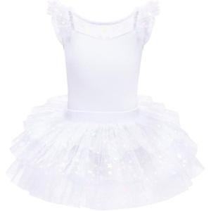 imageIDOPIP Girls Glitter Star Tutu Skirted Leotard Sequin Ruffle Sleeve Ballet Dance Dress Ballerina Dancewear Gymnastics CostumeWhite