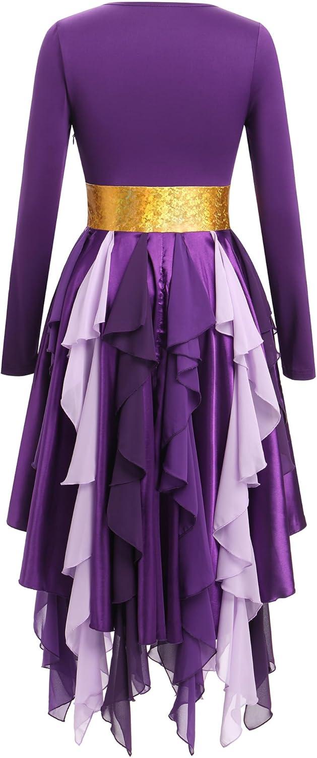 imageIDOPIP Metallic Praise Dance Dress for Women Asymmetric Ruffle Overlay Dresses Liturgical Lyrical Dancewear Worship CostumePurple