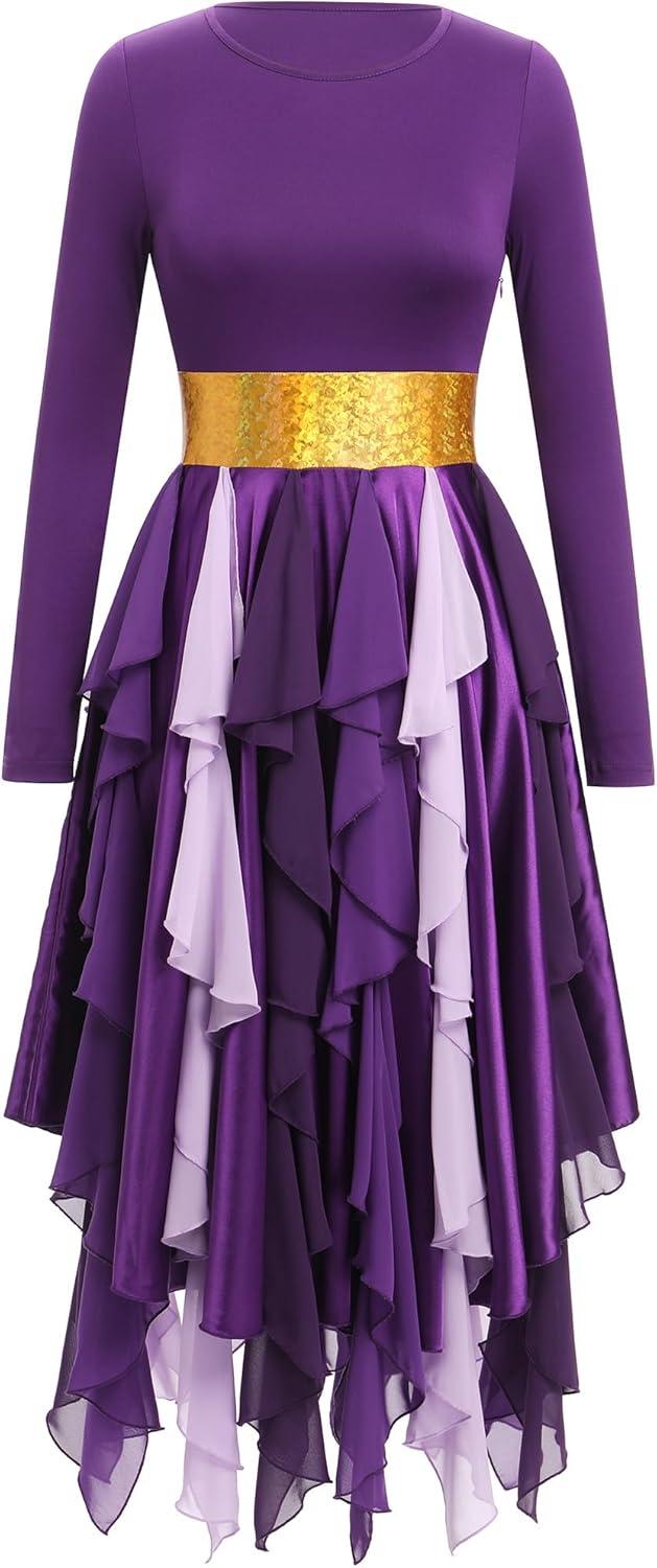 imageIDOPIP Metallic Praise Dance Dress for Women Asymmetric Ruffle Overlay Dresses Liturgical Lyrical Dancewear Worship CostumePurple