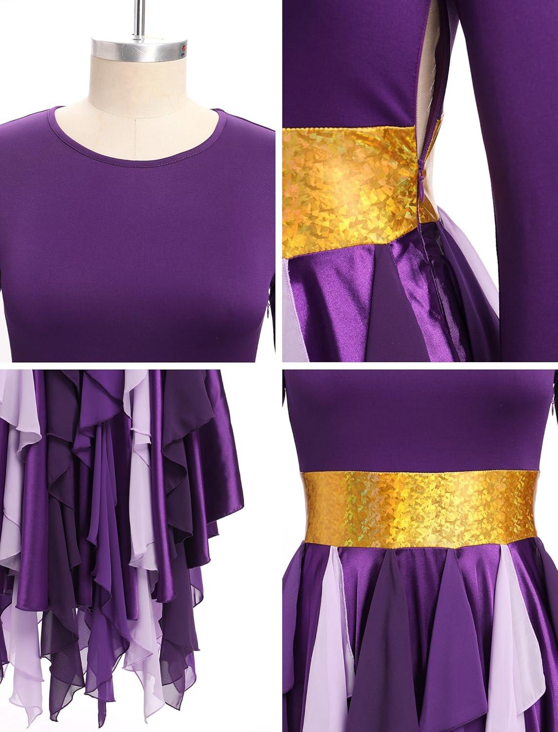imageIDOPIP Metallic Praise Dance Dress for Women Asymmetric Ruffle Overlay Dresses Liturgical Lyrical Dancewear Worship CostumePurple
