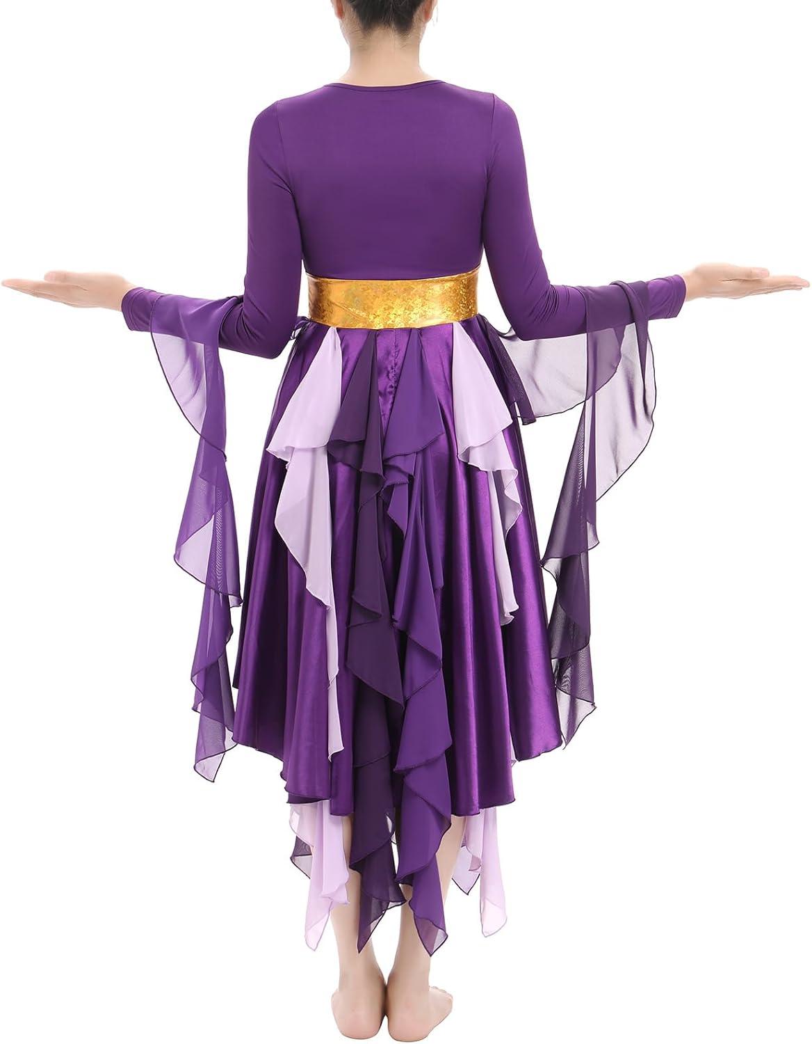 imageIDOPIP Metallic Praise Dance Dress for Women Asymmetric Ruffle Overlay Dresses Liturgical Lyrical Dancewear Worship CostumePurple
