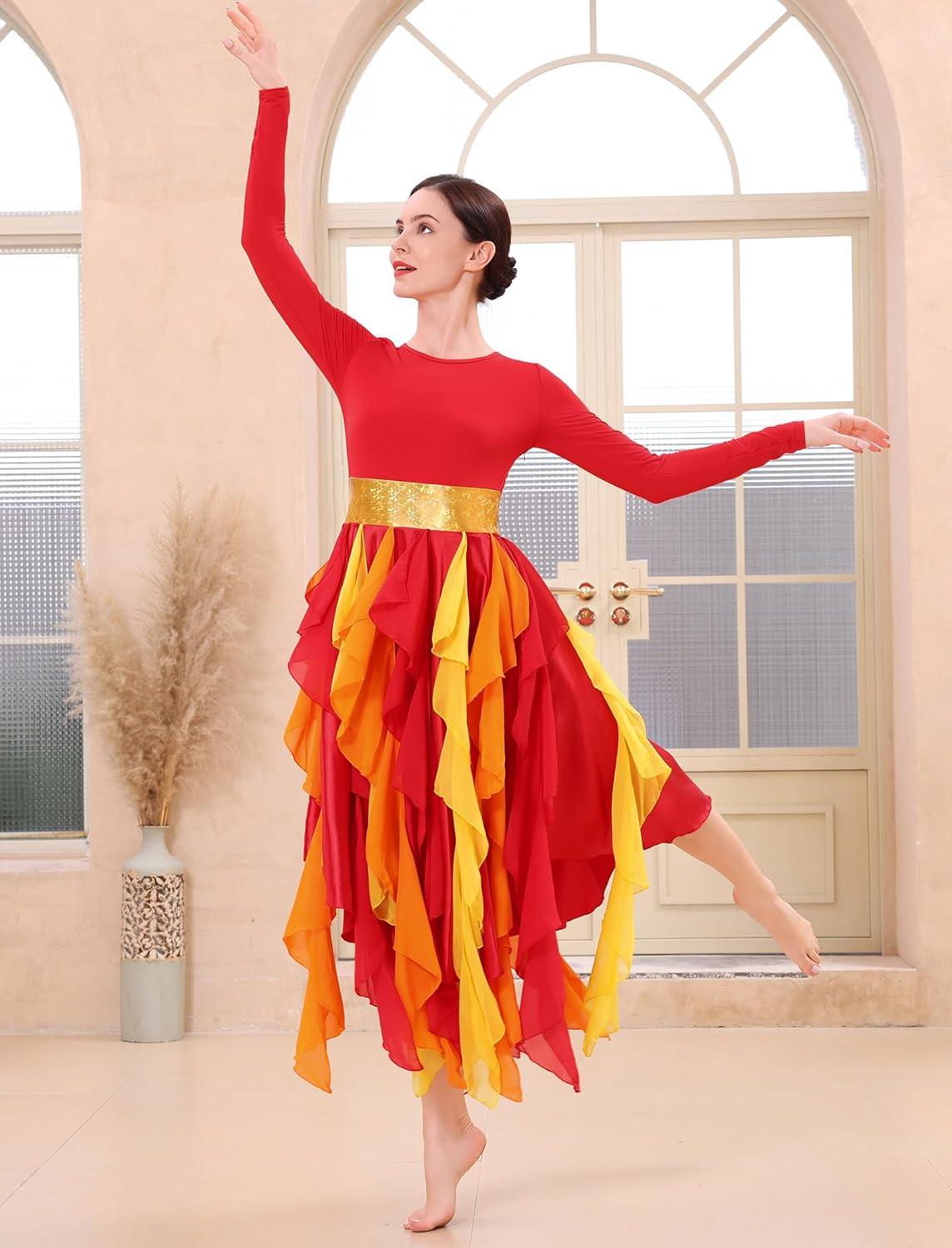 imageIDOPIP Metallic Praise Dance Dress for Women Asymmetric Ruffle Overlay Dresses Liturgical Lyrical Dancewear Worship CostumeRed