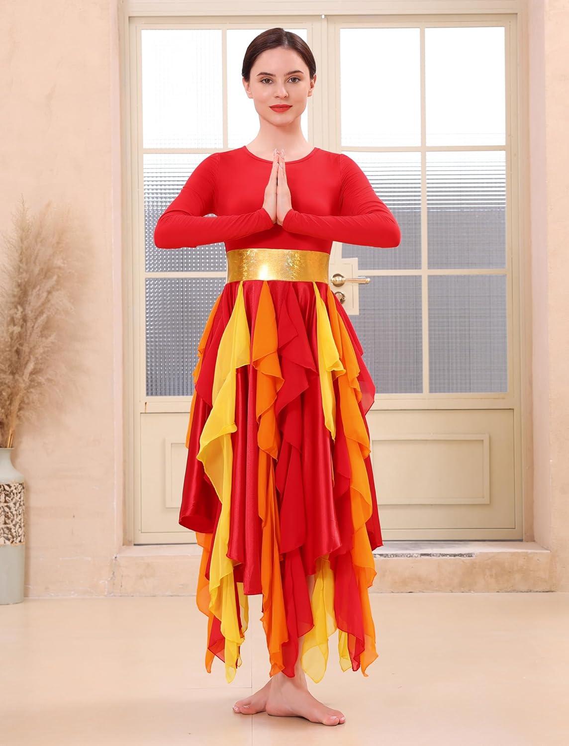 imageIDOPIP Metallic Praise Dance Dress for Women Asymmetric Ruffle Overlay Dresses Liturgical Lyrical Dancewear Worship CostumeRed