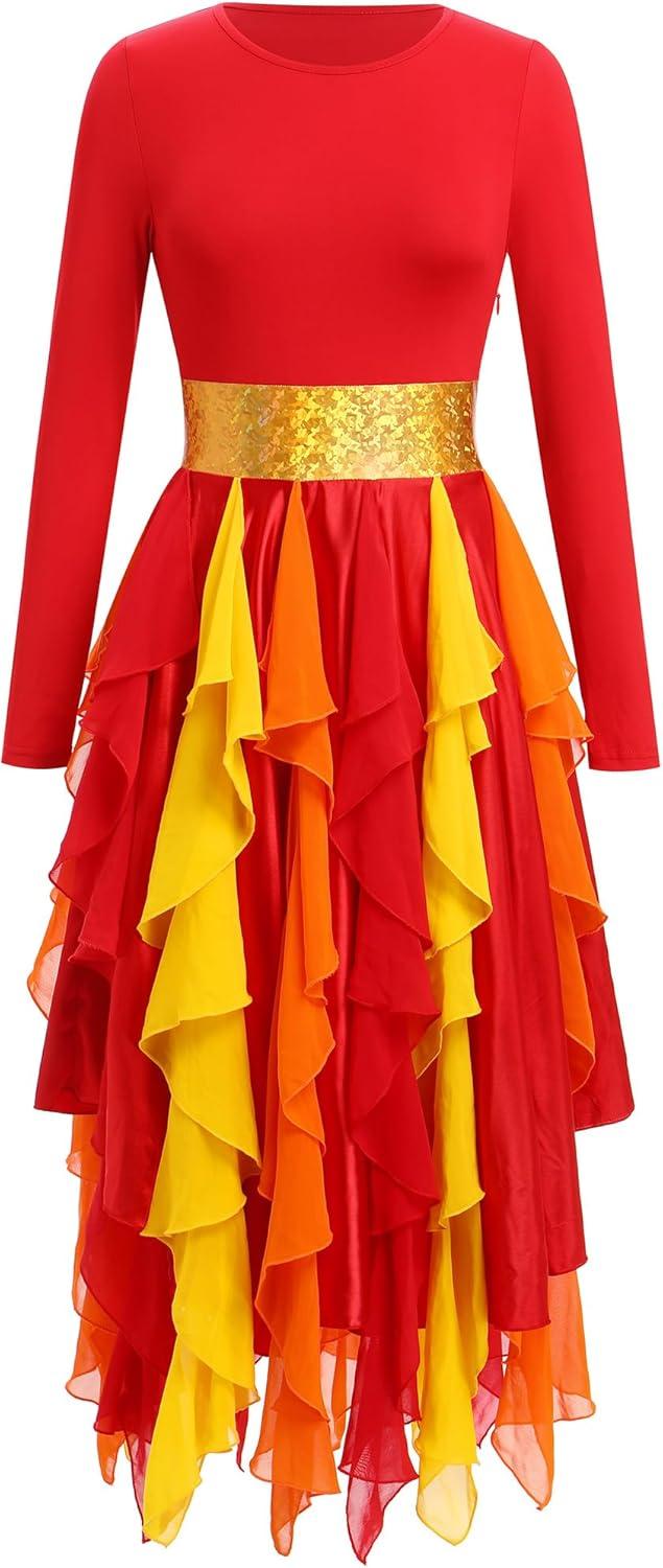imageIDOPIP Metallic Praise Dance Dress for Women Asymmetric Ruffle Overlay Dresses Liturgical Lyrical Dancewear Worship CostumeRed