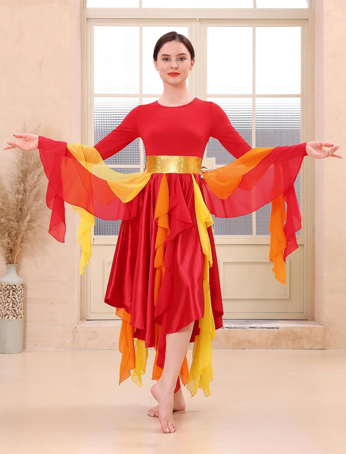 imageIDOPIP Metallic Praise Dance Dress for Women Asymmetric Ruffle Overlay Dresses Liturgical Lyrical Dancewear Worship CostumeRed