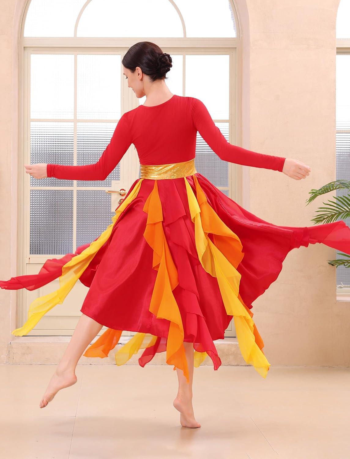 imageIDOPIP Metallic Praise Dance Dress for Women Asymmetric Ruffle Overlay Dresses Liturgical Lyrical Dancewear Worship CostumeRed