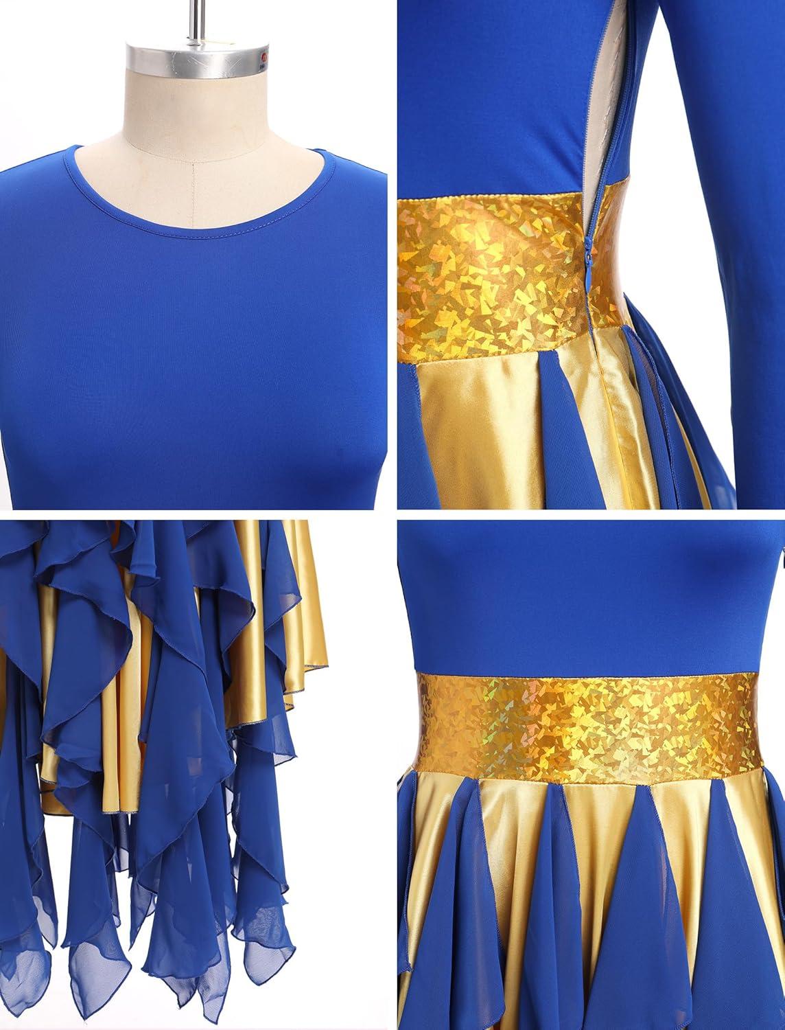 imageIDOPIP Metallic Praise Dance Dress for Women Asymmetric Ruffle Overlay Dresses Liturgical Lyrical Dancewear Worship CostumeRoyal Blue