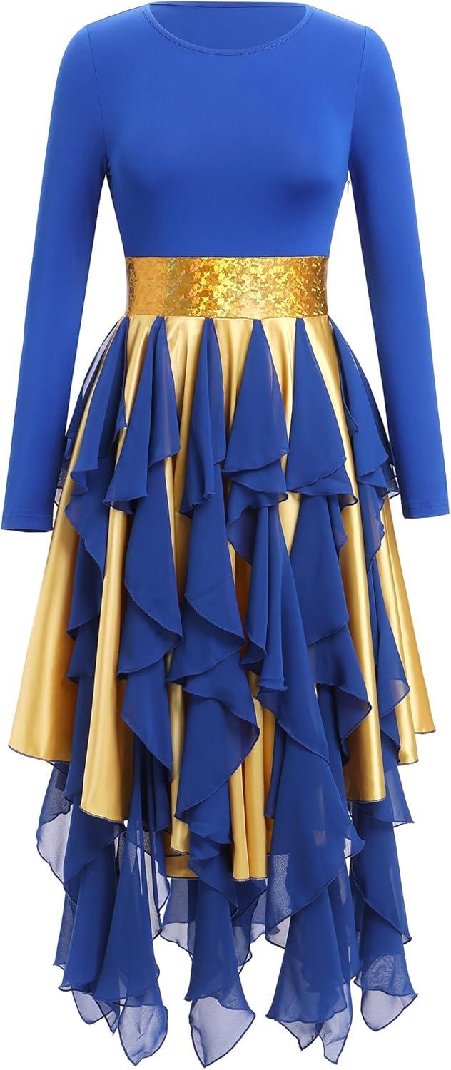 imageIDOPIP Metallic Praise Dance Dress for Women Asymmetric Ruffle Overlay Dresses Liturgical Lyrical Dancewear Worship CostumeRoyal Blue