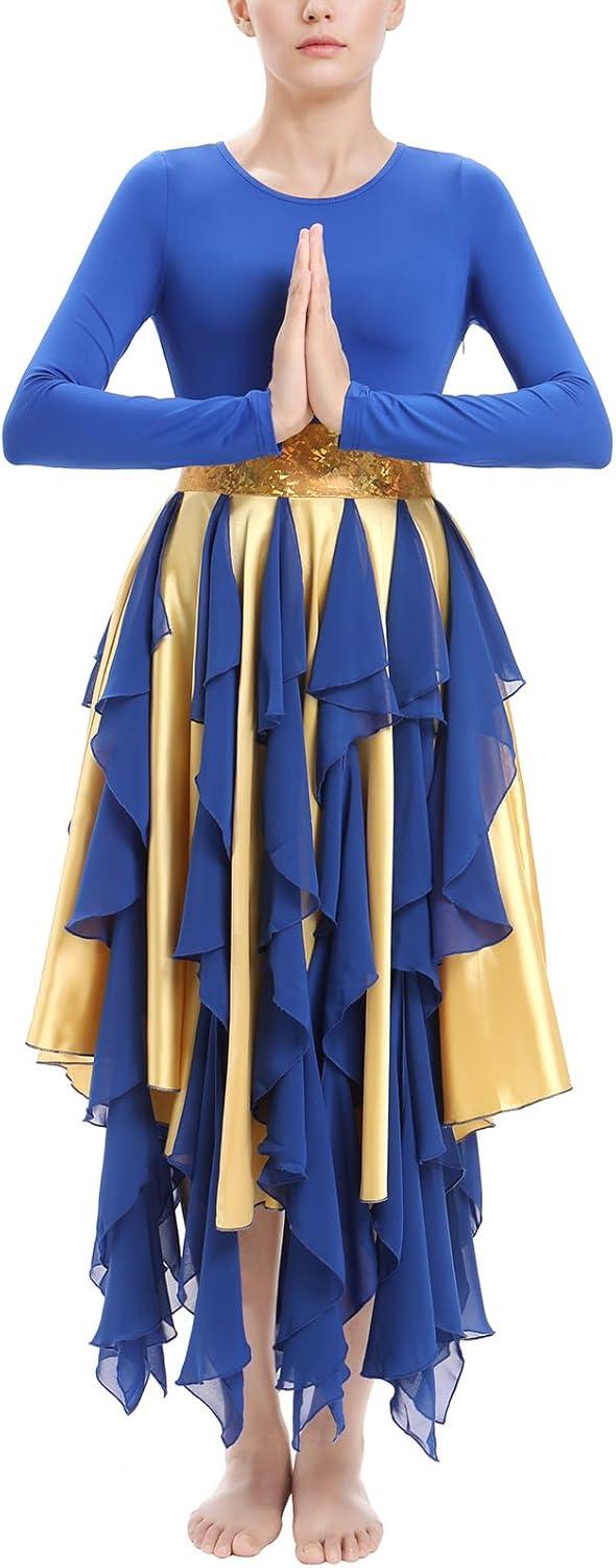 imageIDOPIP Metallic Praise Dance Dress for Women Asymmetric Ruffle Overlay Dresses Liturgical Lyrical Dancewear Worship CostumeRoyal Blue
