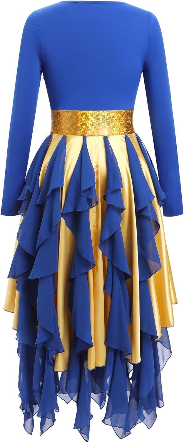 imageIDOPIP Metallic Praise Dance Dress for Women Asymmetric Ruffle Overlay Dresses Liturgical Lyrical Dancewear Worship CostumeRoyal Blue
