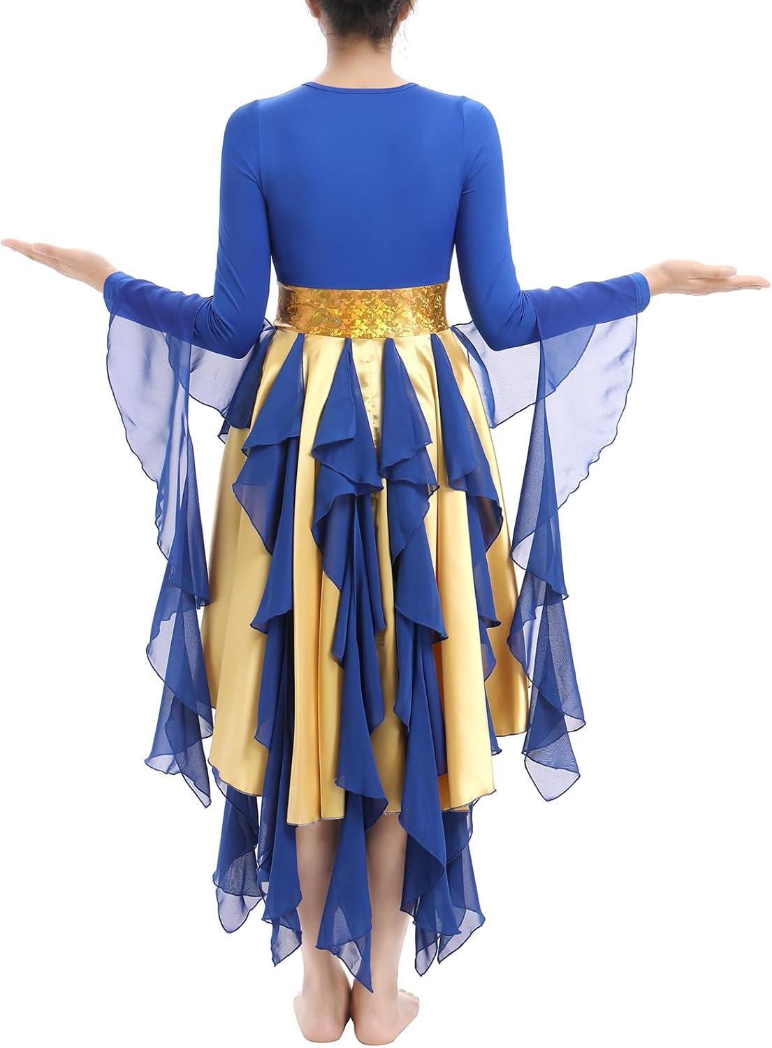 imageIDOPIP Metallic Praise Dance Dress for Women Asymmetric Ruffle Overlay Dresses Liturgical Lyrical Dancewear Worship CostumeRoyal Blue