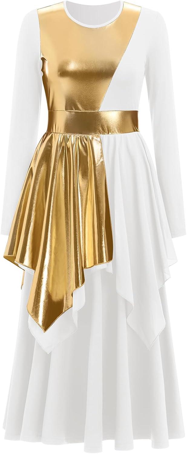 imageIDOPIP Metallic Praise Dance Dress for Women Asymmetric Ruffle Overlay Dresses Liturgical Lyrical Dancewear Worship CostumeWhite