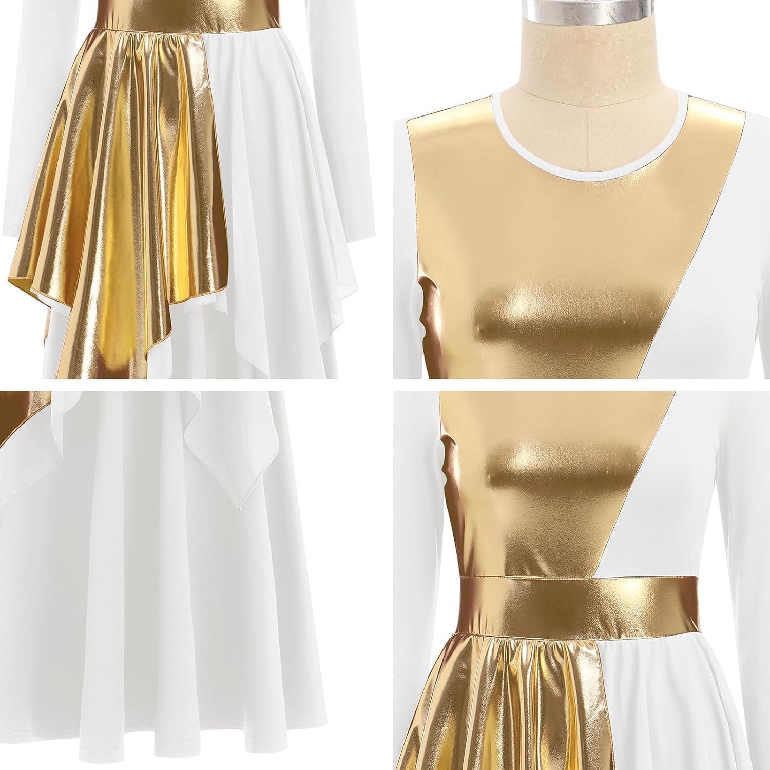 imageIDOPIP Metallic Praise Dance Dress for Women Asymmetric Ruffle Overlay Dresses Liturgical Lyrical Dancewear Worship CostumeWhite