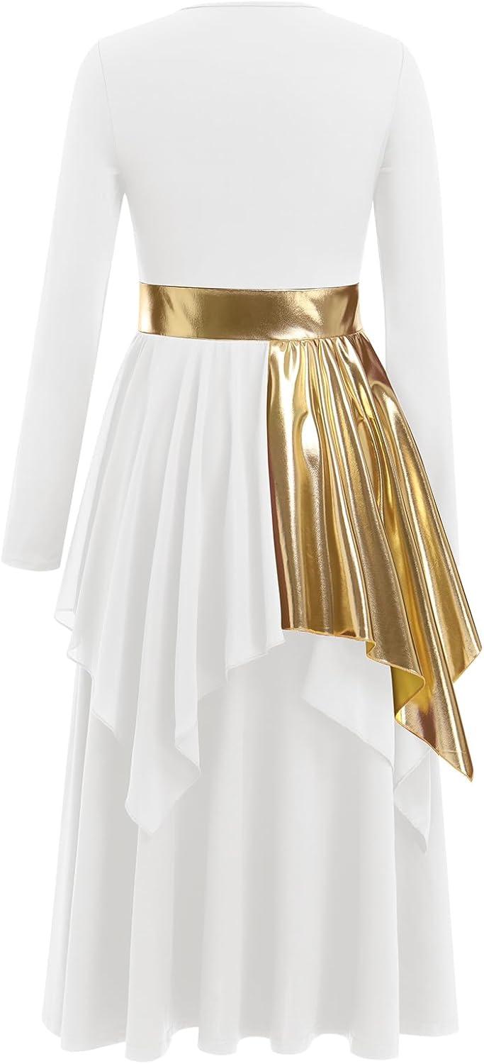 imageIDOPIP Metallic Praise Dance Dress for Women Asymmetric Ruffle Overlay Dresses Liturgical Lyrical Dancewear Worship CostumeWhite