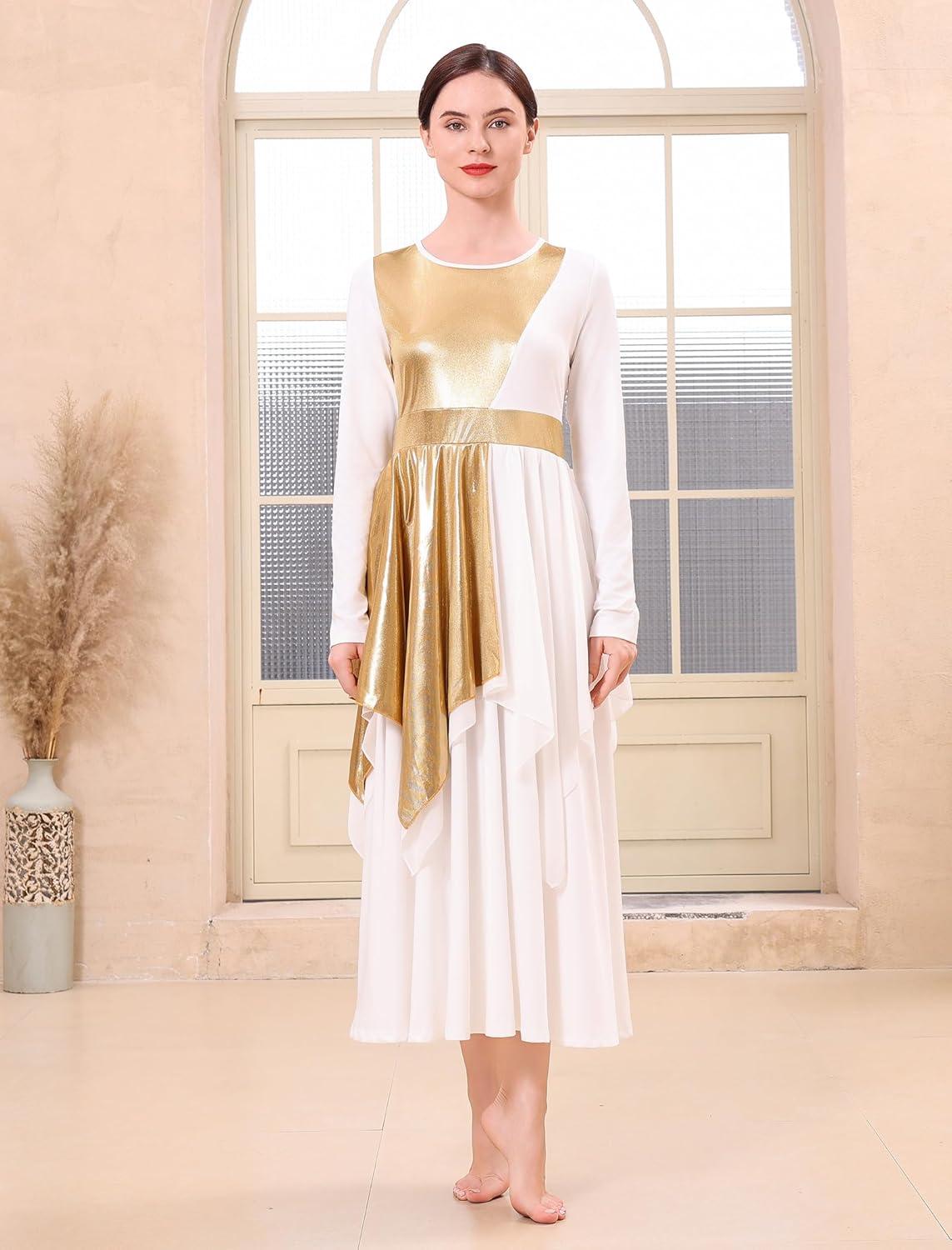 imageIDOPIP Metallic Praise Dance Dress for Women Asymmetric Ruffle Overlay Dresses Liturgical Lyrical Dancewear Worship CostumeWhite
