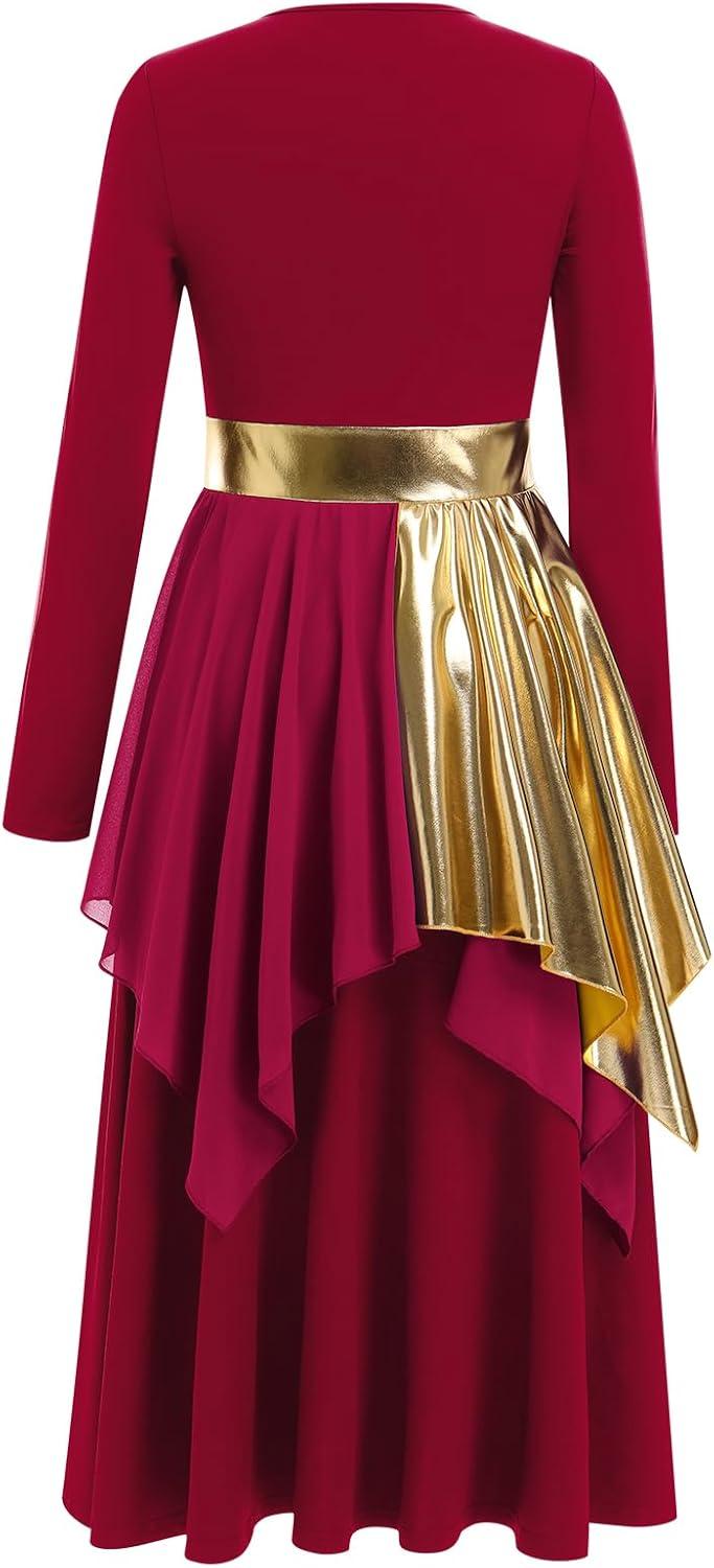 imageIDOPIP Metallic Praise Dance Dress for Women Asymmetric Ruffle Overlay Dresses Liturgical Lyrical Dancewear Worship CostumeWine Red