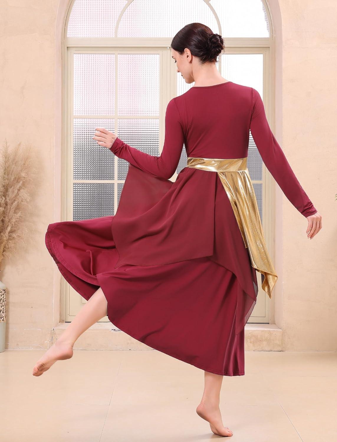 imageIDOPIP Metallic Praise Dance Dress for Women Asymmetric Ruffle Overlay Dresses Liturgical Lyrical Dancewear Worship CostumeWine Red