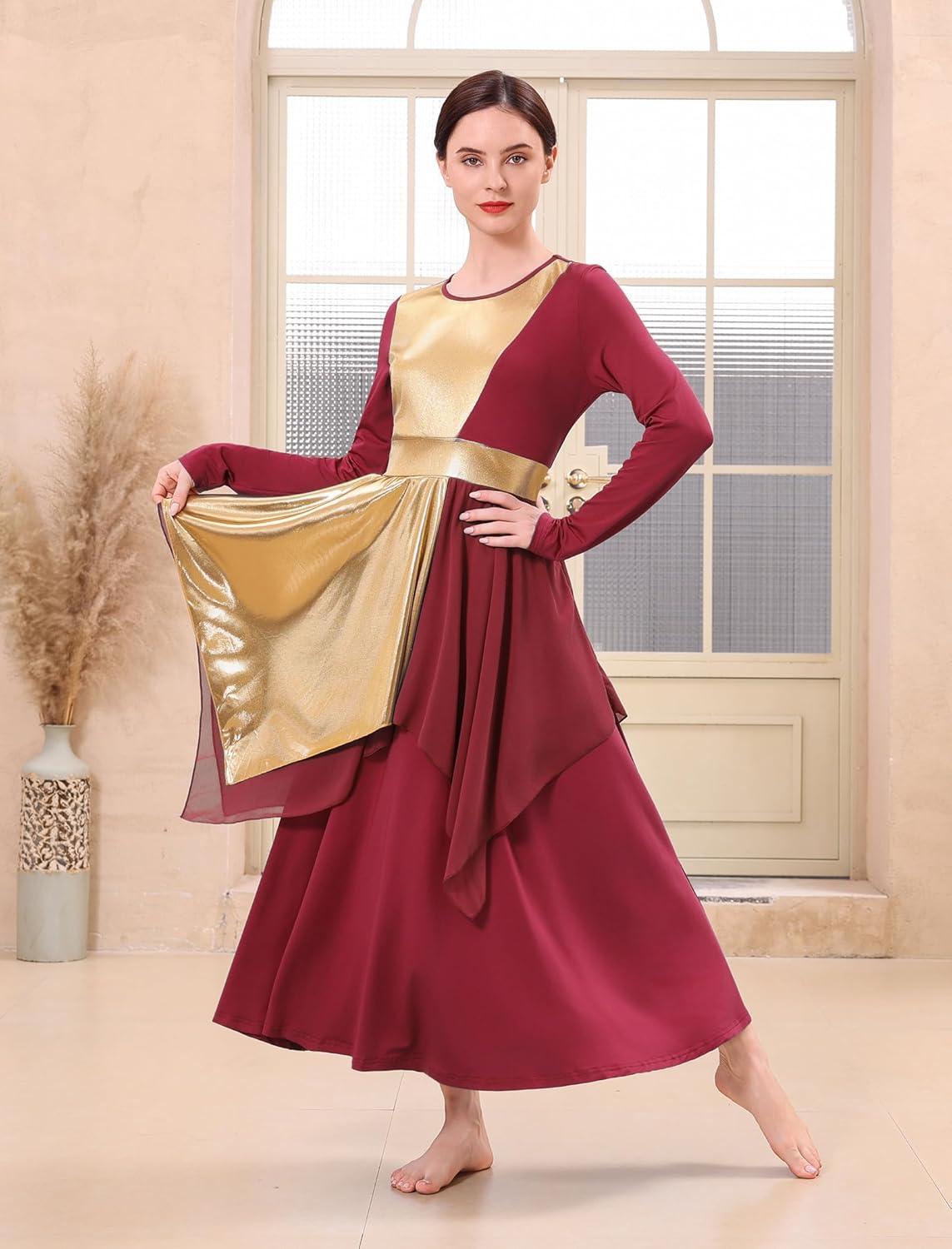 imageIDOPIP Metallic Praise Dance Dress for Women Asymmetric Ruffle Overlay Dresses Liturgical Lyrical Dancewear Worship CostumeWine Red