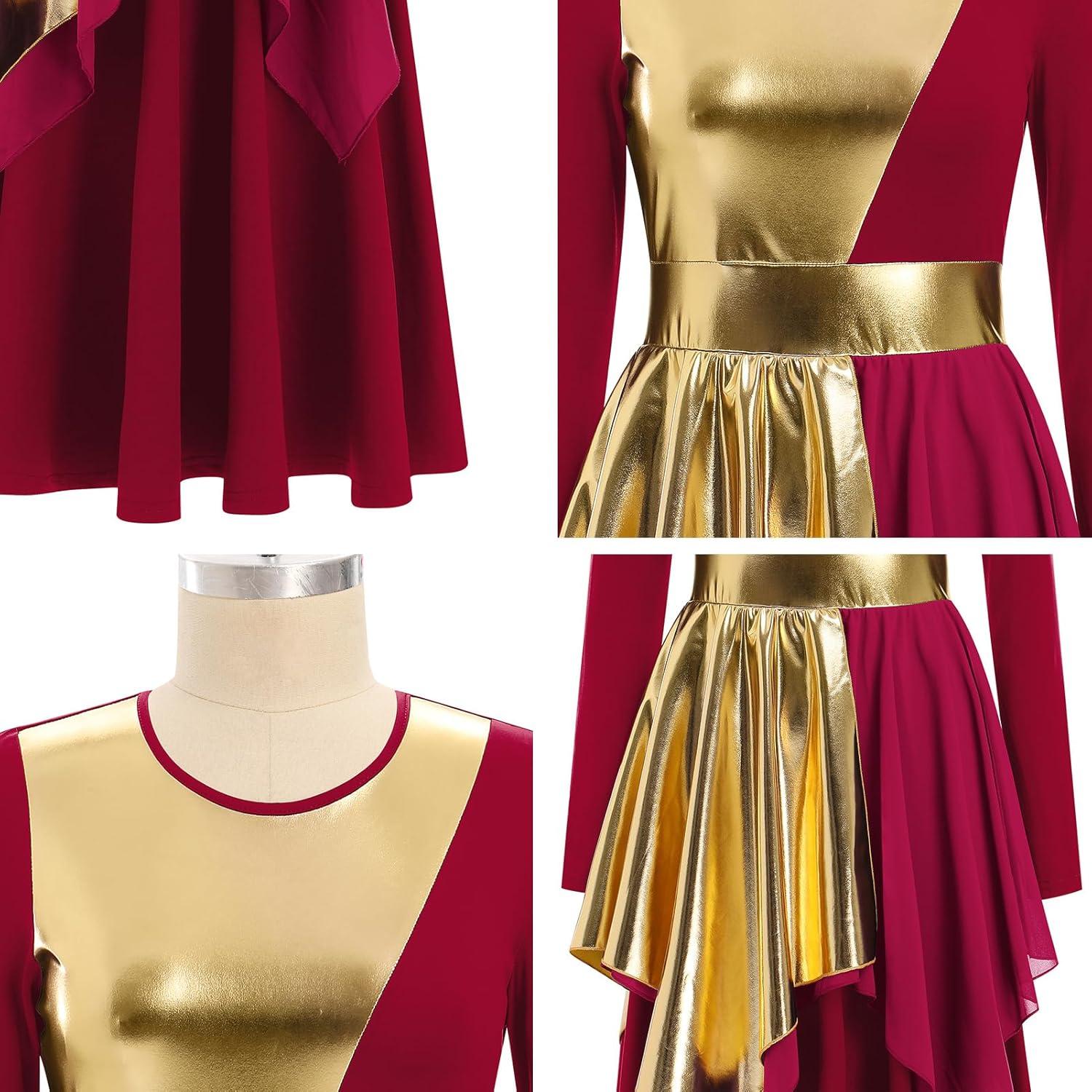imageIDOPIP Metallic Praise Dance Dress for Women Asymmetric Ruffle Overlay Dresses Liturgical Lyrical Dancewear Worship CostumeWine Red