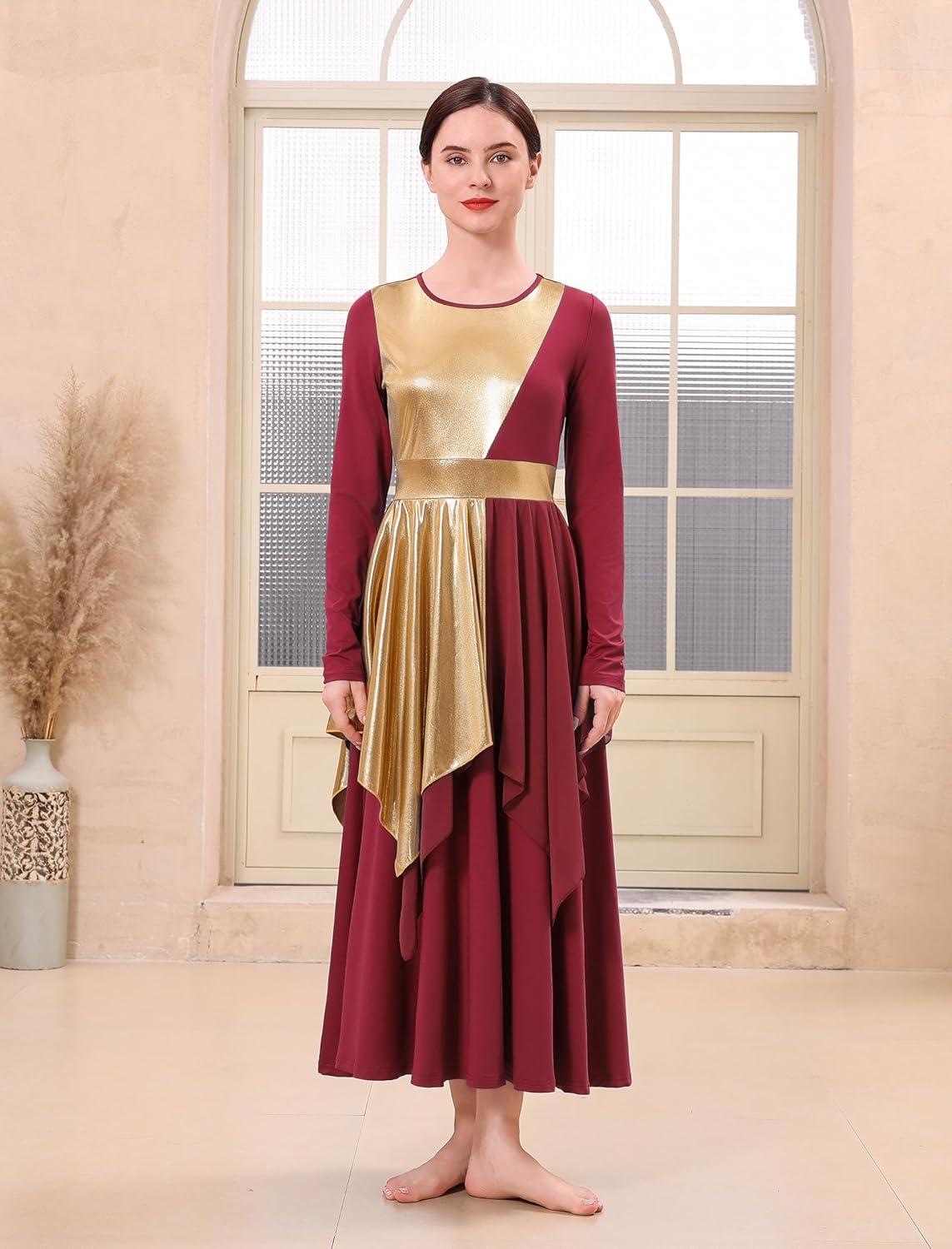 imageIDOPIP Metallic Praise Dance Dress for Women Asymmetric Ruffle Overlay Dresses Liturgical Lyrical Dancewear Worship CostumeWine Red