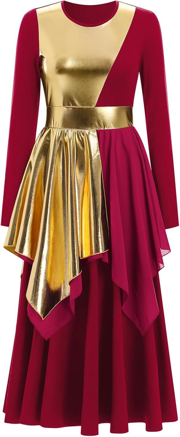 imageIDOPIP Metallic Praise Dance Dress for Women Asymmetric Ruffle Overlay Dresses Liturgical Lyrical Dancewear Worship CostumeWine Red