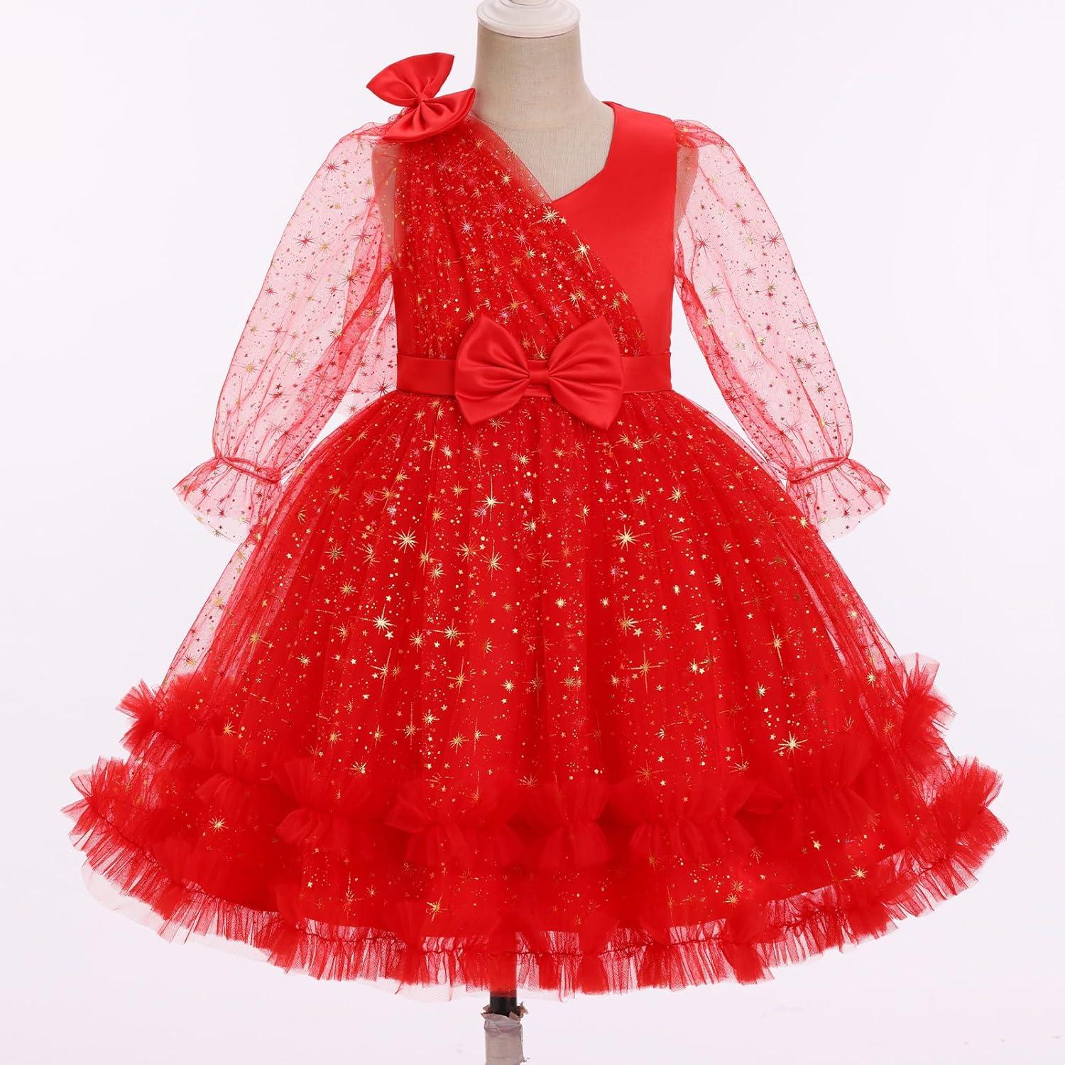 imageIDOPIP Toddler Baby Girls Sequin Heart Tutu Dress Pageant Wedding Flower Girl Dresses Princess Birthday Party Bowknot GownsRed Stars  Long Sleeve