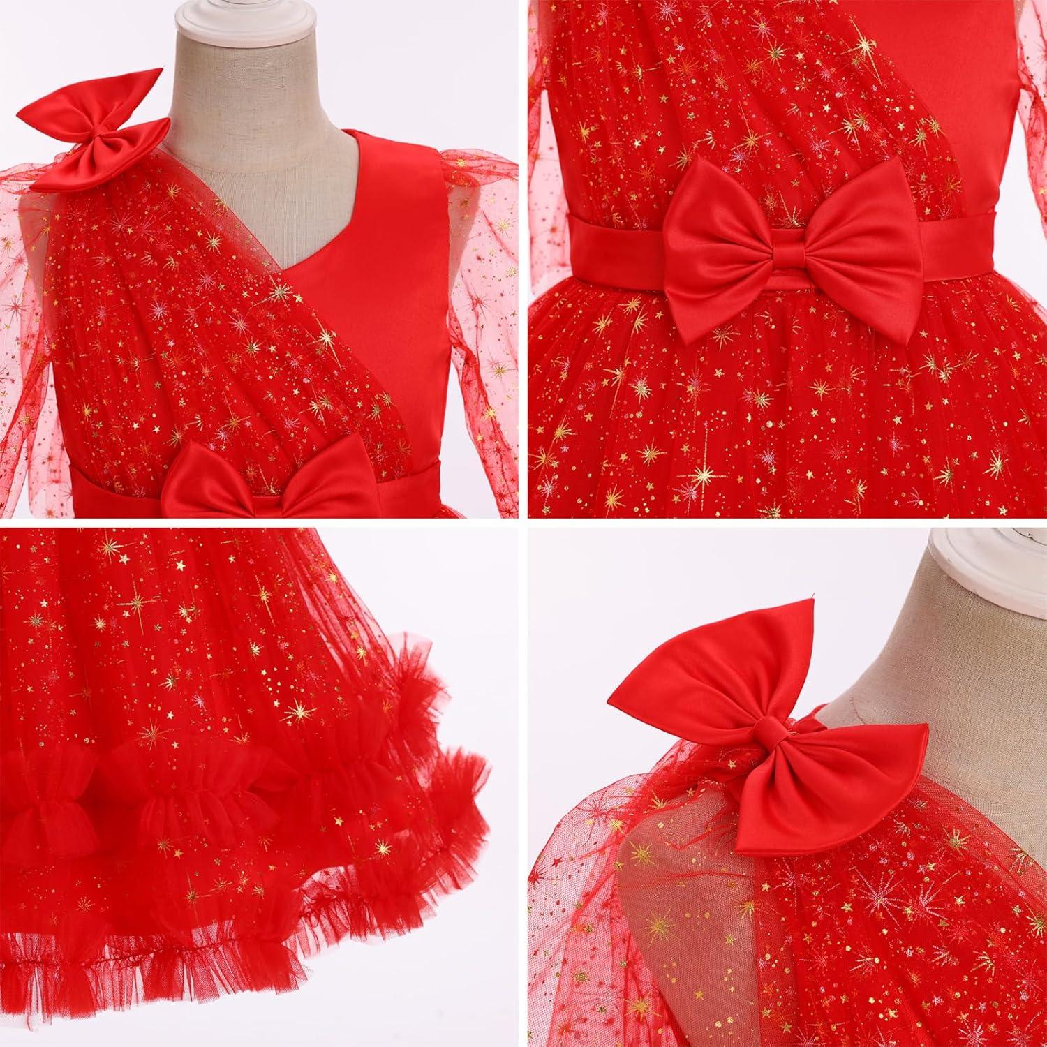 imageIDOPIP Toddler Baby Girls Sequin Heart Tutu Dress Pageant Wedding Flower Girl Dresses Princess Birthday Party Bowknot GownsRed Stars  Long Sleeve