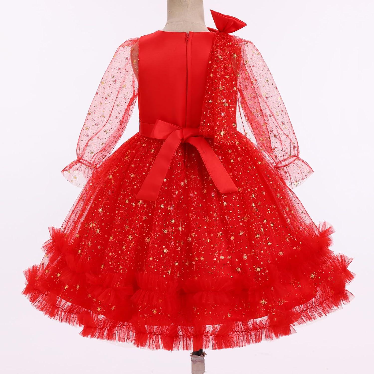 imageIDOPIP Toddler Baby Girls Sequin Heart Tutu Dress Pageant Wedding Flower Girl Dresses Princess Birthday Party Bowknot GownsRed Stars  Long Sleeve