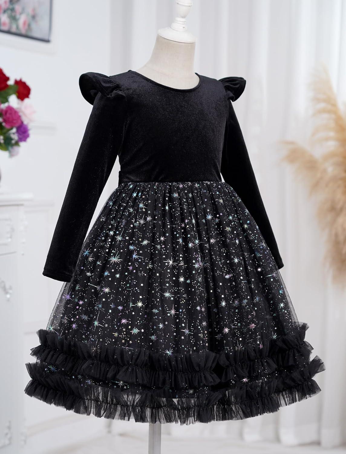 imageIDOPIP Toddler Baby Girls Velvet Tutu Dress Long Sleeve Princess Christmas Birthday Party Wedding Dresses Fall Winter ClothesBlack  Sequin