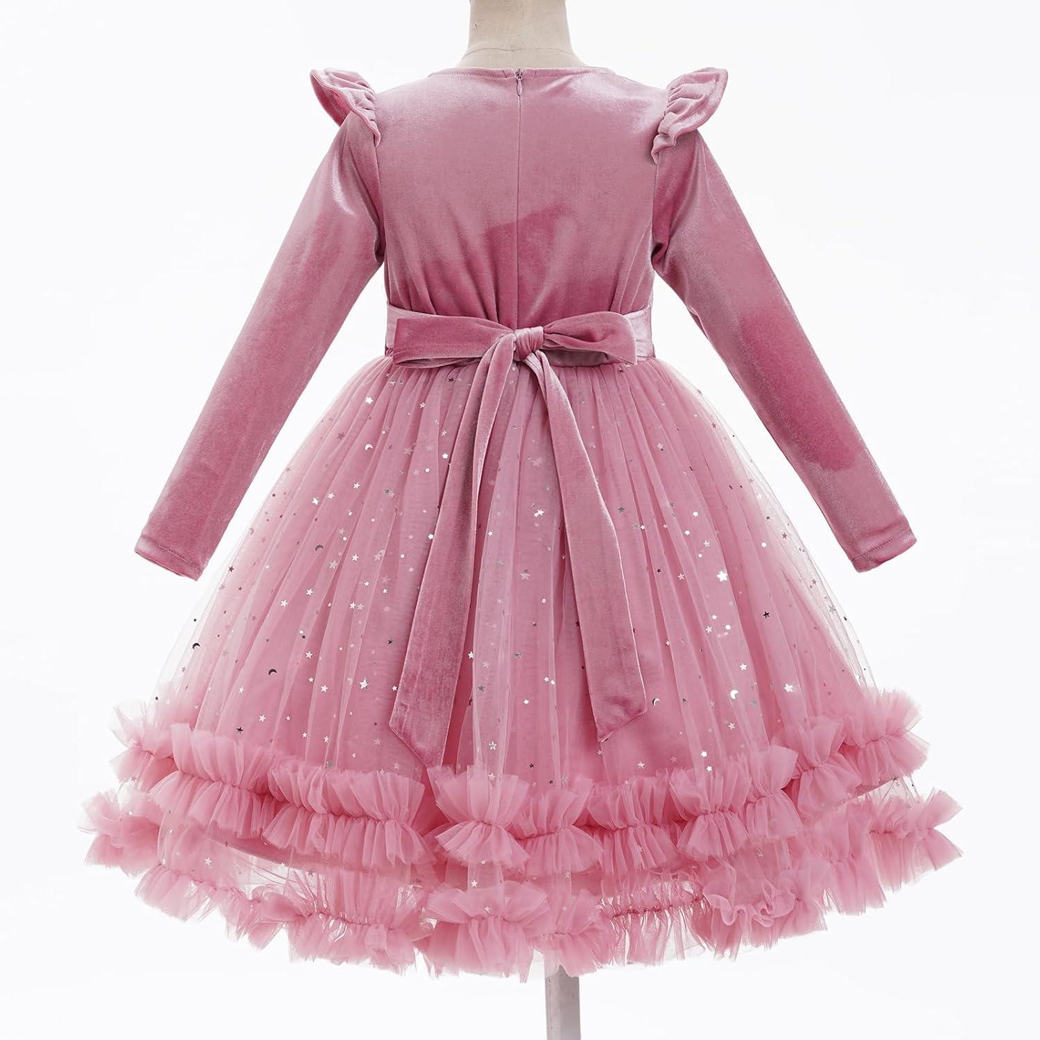 imageIDOPIP Toddler Baby Girls Velvet Tutu Dress Long Sleeve Princess Christmas Birthday Party Wedding Dresses Fall Winter ClothesDusty Pink  Sequin