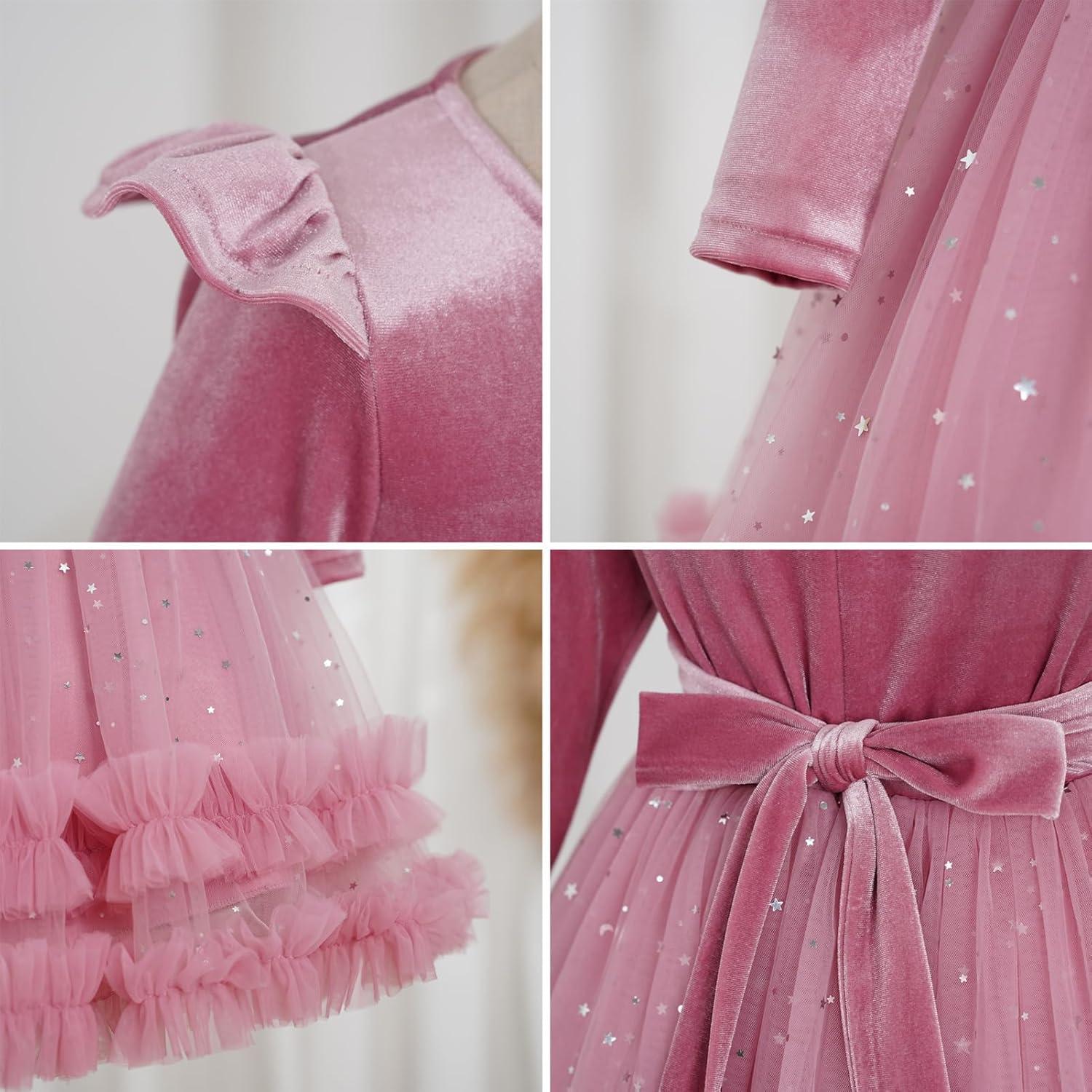 imageIDOPIP Toddler Baby Girls Velvet Tutu Dress Long Sleeve Princess Christmas Birthday Party Wedding Dresses Fall Winter ClothesDusty Pink  Sequin