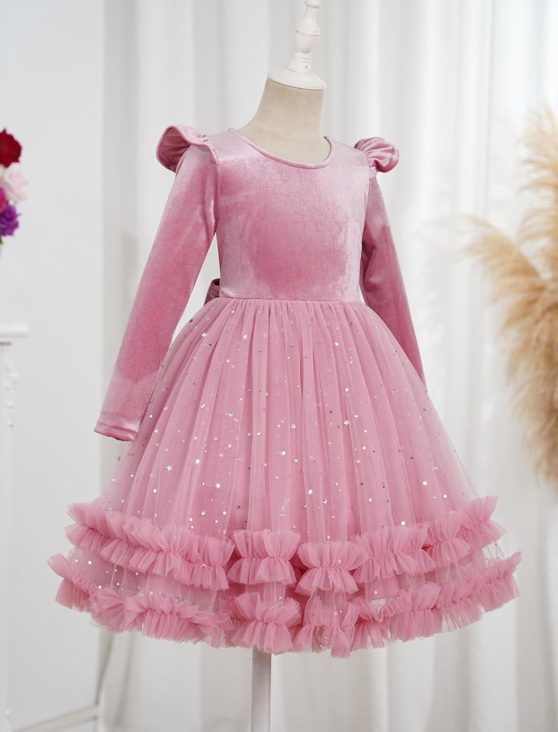 imageIDOPIP Toddler Baby Girls Velvet Tutu Dress Long Sleeve Princess Christmas Birthday Party Wedding Dresses Fall Winter ClothesDusty Pink  Sequin