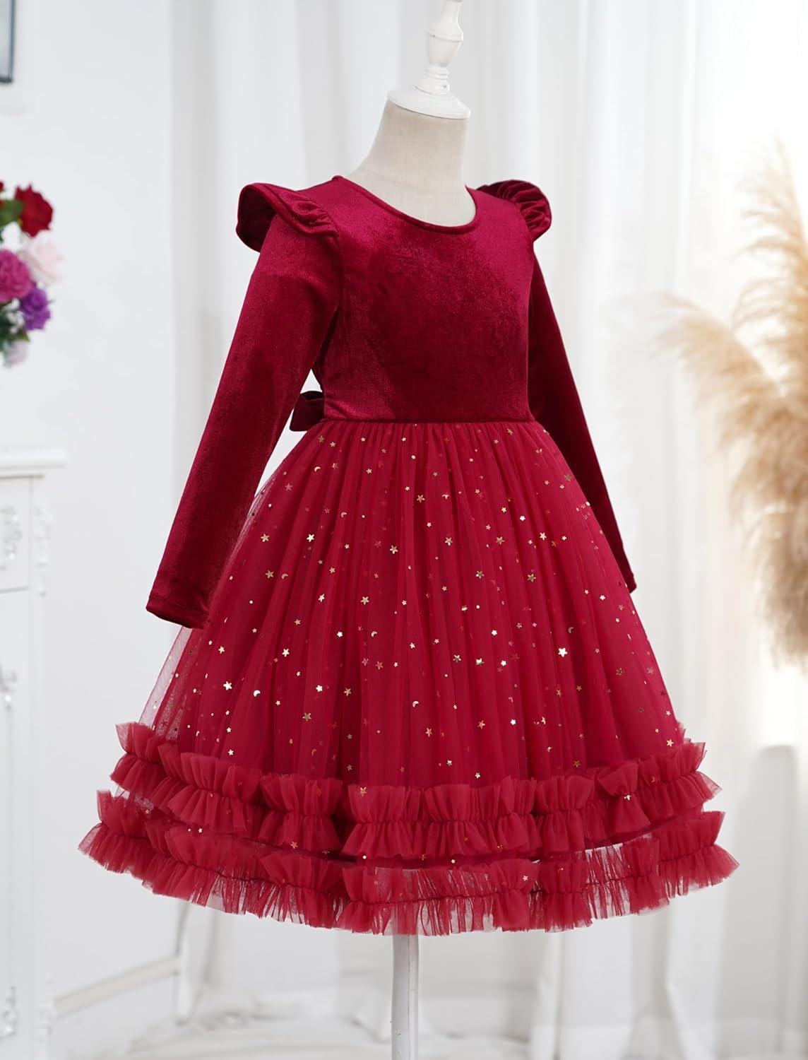 imageIDOPIP Toddler Baby Girls Velvet Tutu Dress Long Sleeve Princess Christmas Birthday Party Wedding Dresses Fall Winter ClothesRed  Sequin