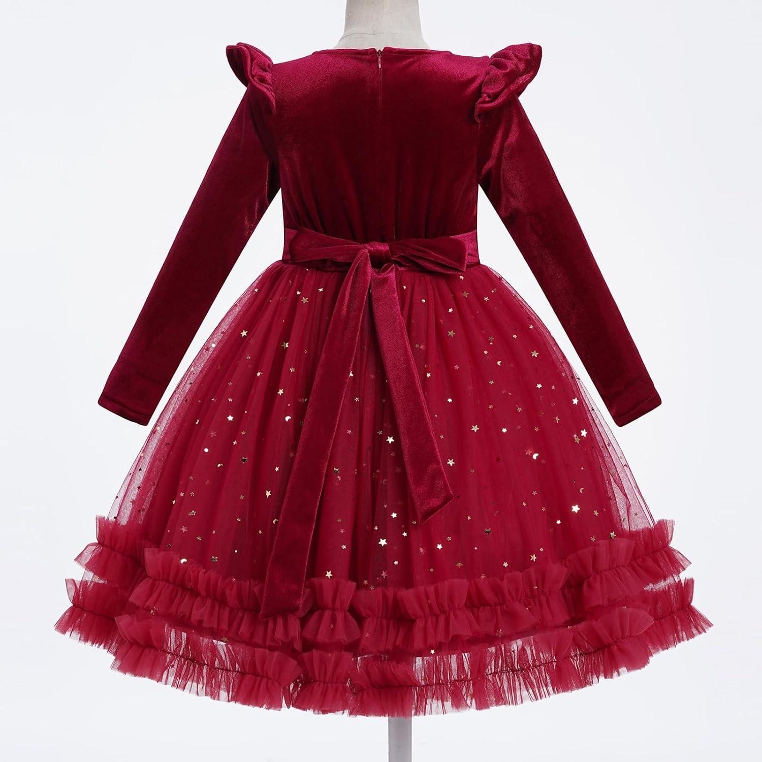 imageIDOPIP Toddler Baby Girls Velvet Tutu Dress Long Sleeve Princess Christmas Birthday Party Wedding Dresses Fall Winter ClothesRed  Sequin