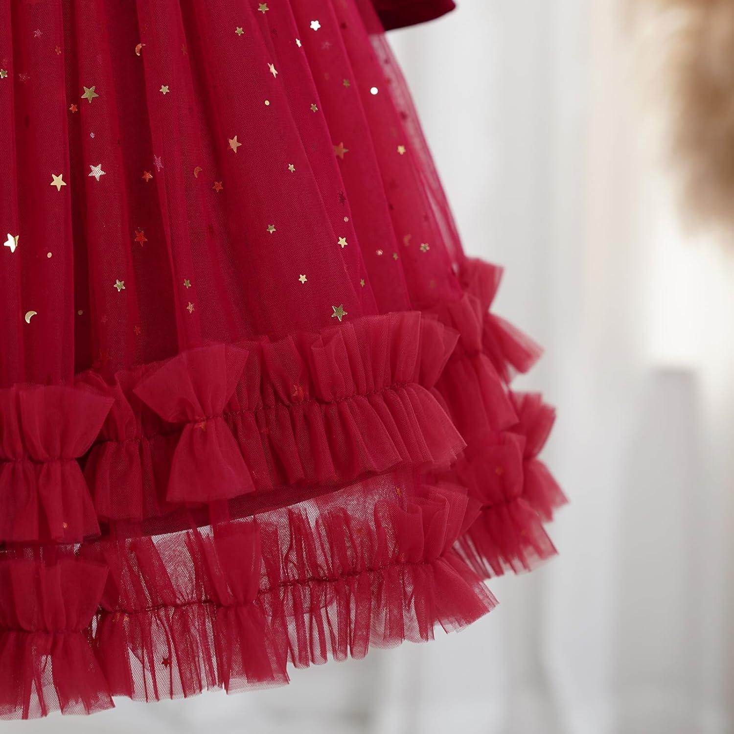 imageIDOPIP Toddler Baby Girls Velvet Tutu Dress Long Sleeve Princess Christmas Birthday Party Wedding Dresses Fall Winter ClothesRed  Sequin