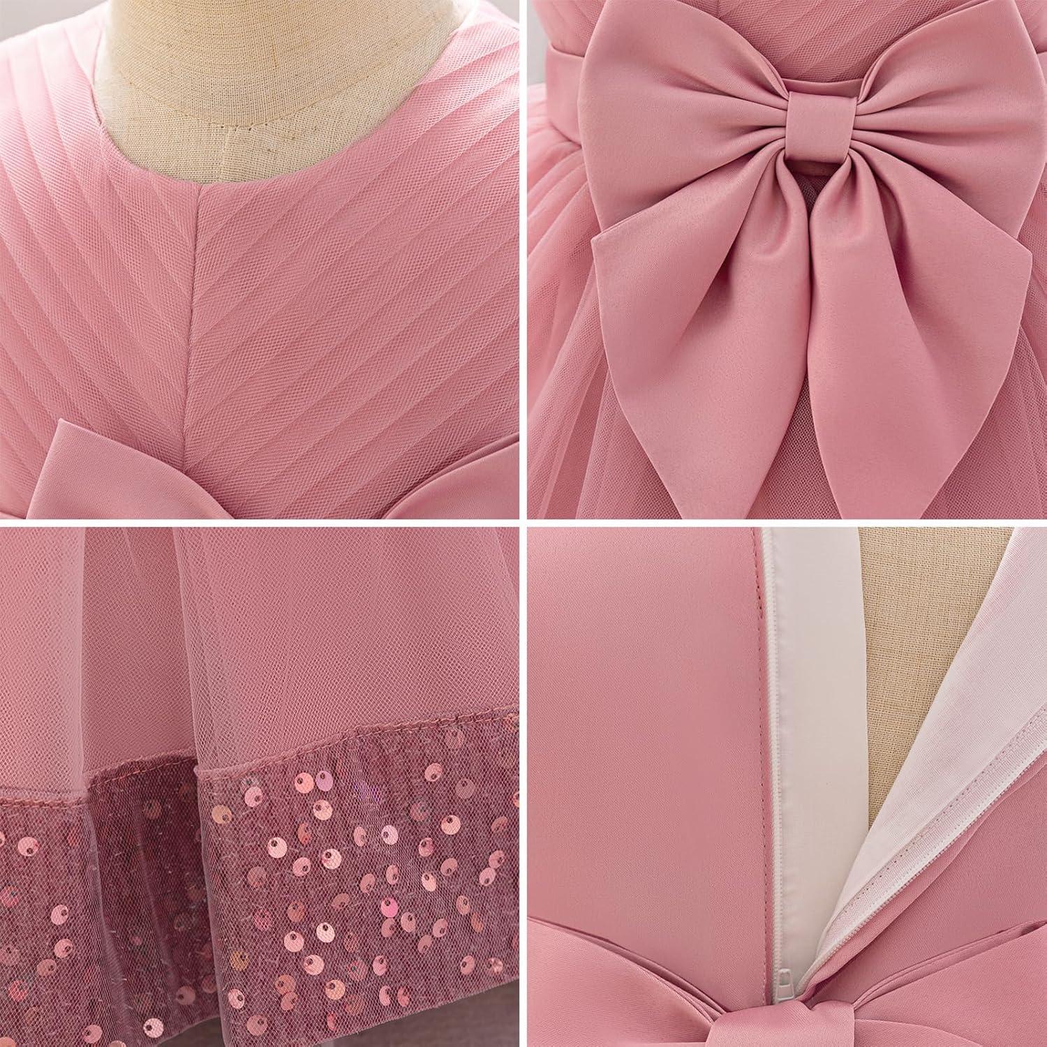 imageIDOPIP Toddler Flower Girl Dress Sequin Bowknot Pageant Wedding Princess Birthday Party Dresses Tulle Tutu Formal Ball Gown Dusty Pink