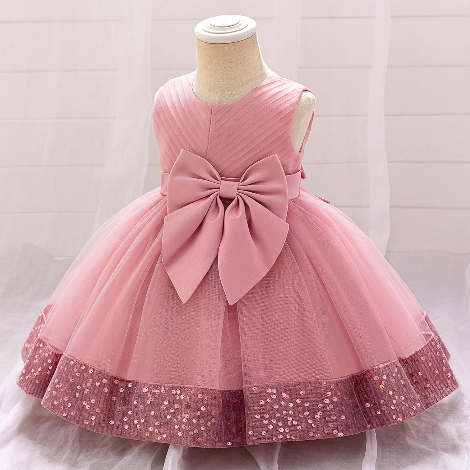 imageIDOPIP Toddler Flower Girl Dress Sequin Bowknot Pageant Wedding Princess Birthday Party Dresses Tulle Tutu Formal Ball Gown Dusty Pink