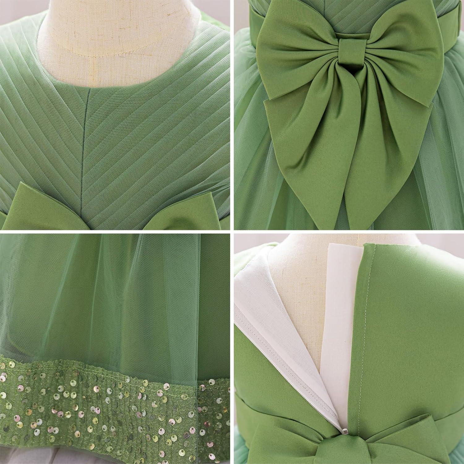 imageIDOPIP Toddler Flower Girl Dress Sequin Bowknot Pageant Wedding Princess Birthday Party Dresses Tulle Tutu Formal Ball Gown Sage Green