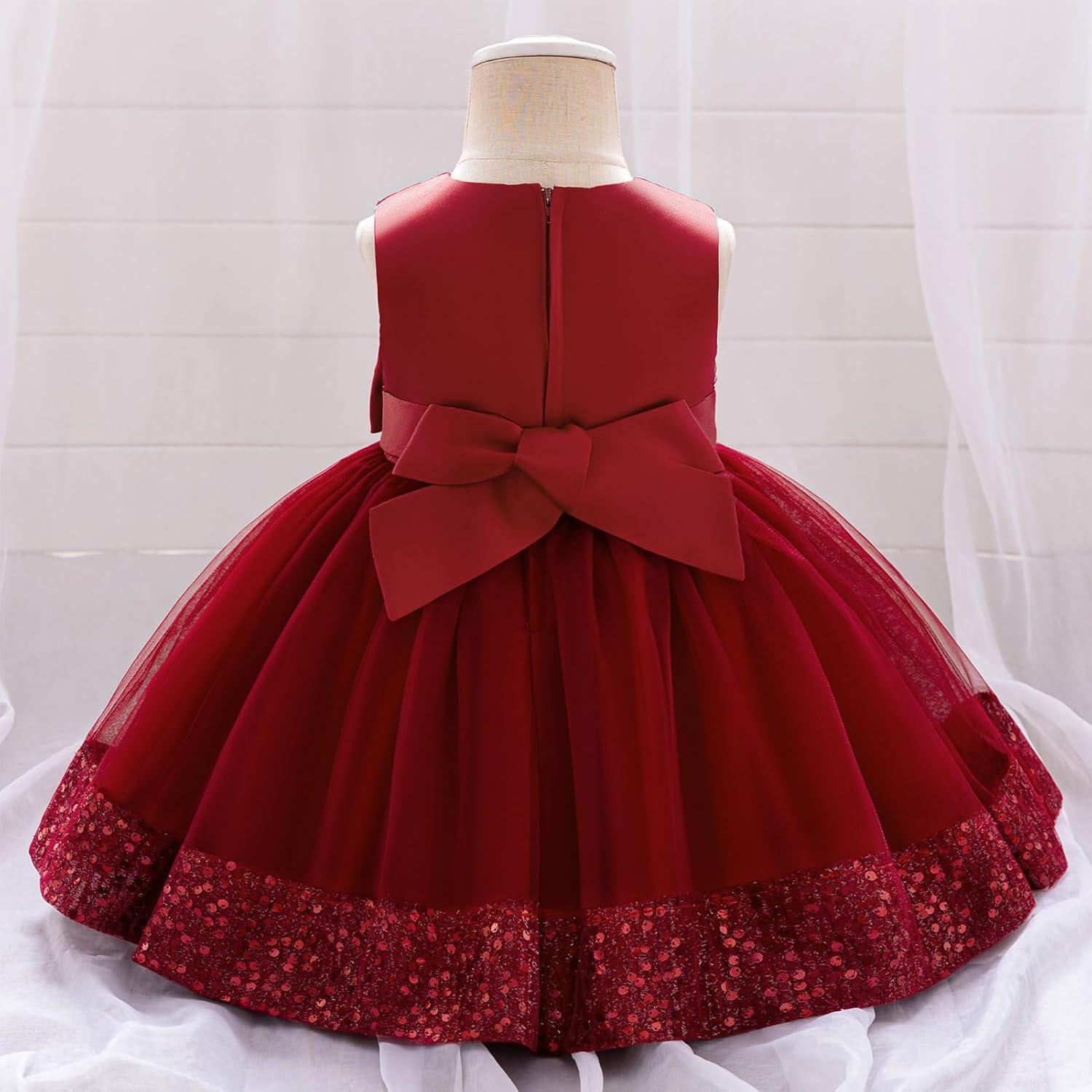 imageIDOPIP Toddler Flower Girl Dress Sequin Bowknot Pageant Wedding Princess Birthday Party Dresses Tulle Tutu Formal Ball Gown Wine Red