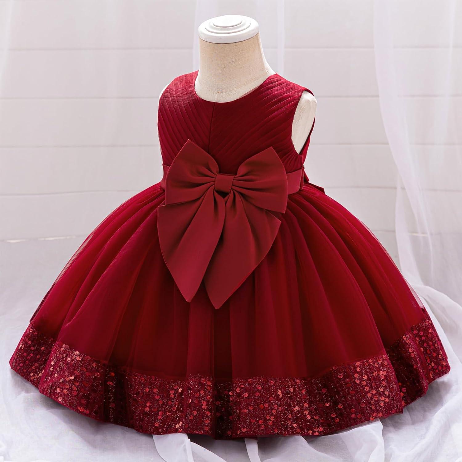 imageIDOPIP Toddler Flower Girl Dress Sequin Bowknot Pageant Wedding Princess Birthday Party Dresses Tulle Tutu Formal Ball Gown Wine Red