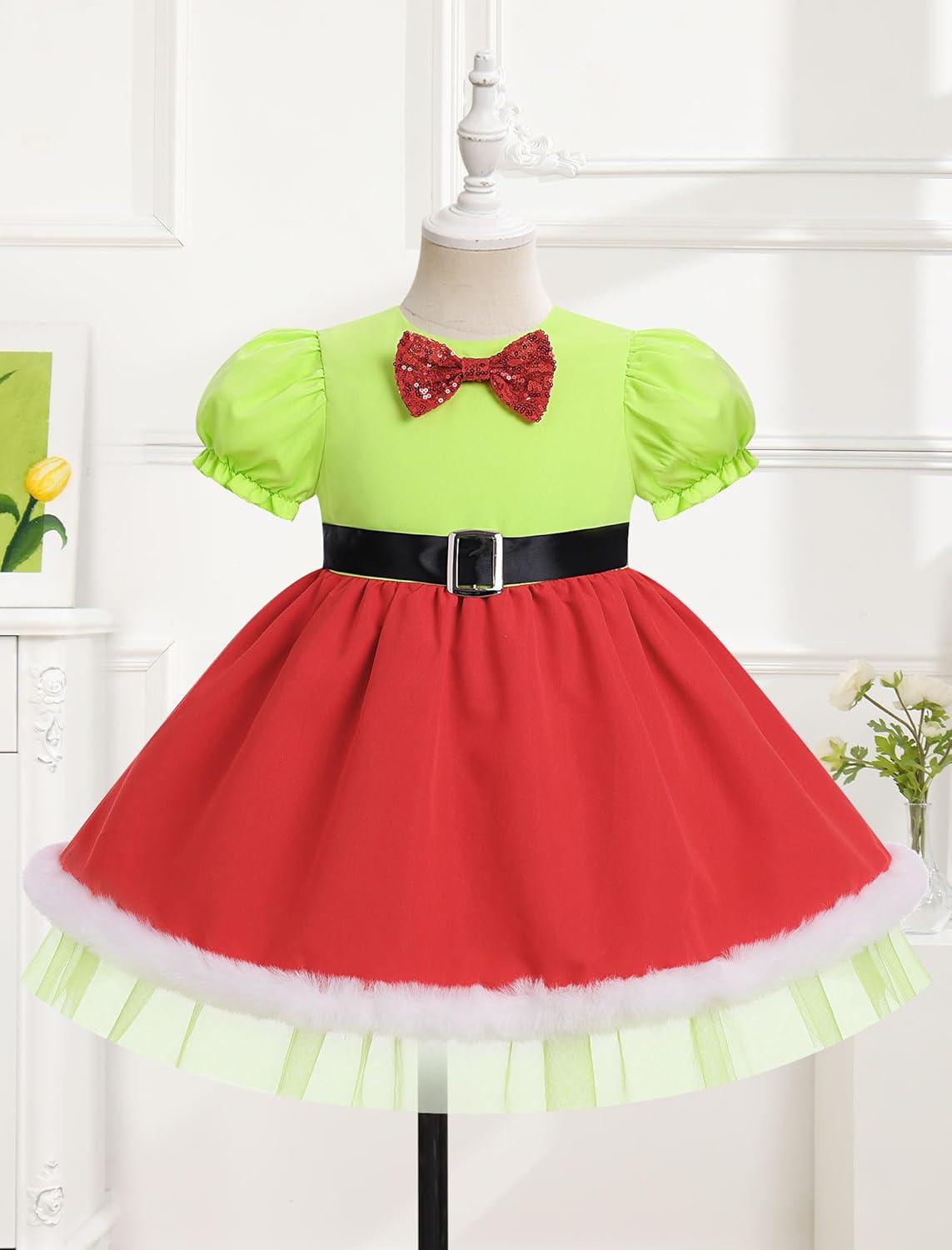 imageIDOPIP Toddler Girls Christmas Dress Puff Sleeve Tutu Dress Princess Baptism Ruffle Tulle Dress Cake Smash Photo Shoot OutfitGreen  Red